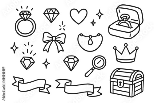 Engagement Ring Doodle. Hand-drawn doodle illustration engagement diamond ring, diamond, heart, sparkle stars, jewelry box, velvet