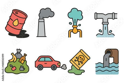 Environmental Hazards Icons. Flat vector mini-illustrations energy waste in colors children's illustrations: leaking oil barrel,