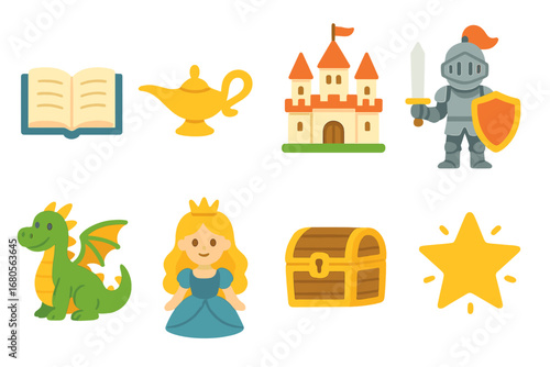 Fairy Tale Icons. Flat vector mini-illustrations fate and storytelling in colors children's illustrations: open book, magic lamp,