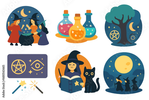 Magical Coven Illustrations. Flat vector mini-illustrations magical coven scene in colors children's illustrations: witches