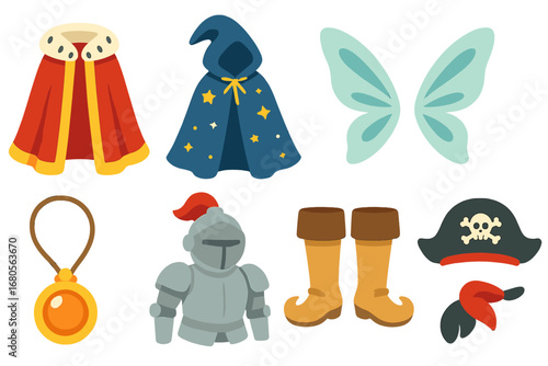 Fairy Tale Attire Icons. Flat vector mini-illustrations fairy tale clothing and accessories in colors children's illustrations:
