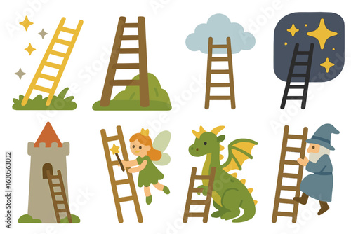 Fantasy Ladders and Creatures. Flat vector mini-illustrations ladder in fairy tales and fantasy in colors children's illustrations