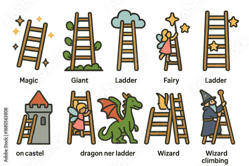 Fantasy Ladders and Creatures. Flat vector mini-illustrations ladder in fairy tales and fantasy in colors children's illustrations