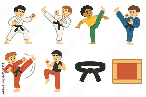 Martial Arts Kids Icons. Flat vector mini-illustrations martial arts kicks in colors children's illustrations: karate kick,