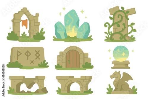 Fantasy Ruins Icons. Flat vector mini-illustrations fantasy ruins in colors children's illustrations: enchanted ruins, glowing