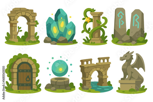 Fantasy Ruins Icons. Flat vector mini-illustrations fantasy ruins in colors children's illustrations: enchanted ruins, glowing