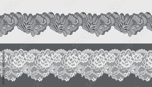 Black and white large floral lace trim with irregular edges