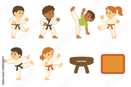 Martial Arts Kids Icons. Flat vector mini-illustrations martial arts kicks in colors children's illustrations: karate kick,
