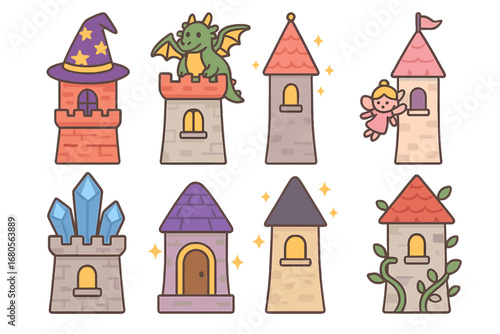 Fantasy Turret Illustrations. Flat vector mini-illustrations fantasy turrets in colors children's illustrations: wizard turret,