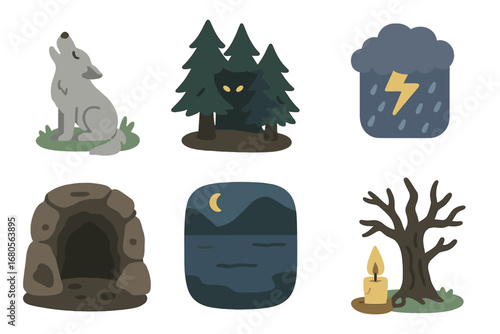 Fearful Nature Icons. Flat vector mini-illustrations fear in nature in colors children's illustrations: howling wolf, shadowy