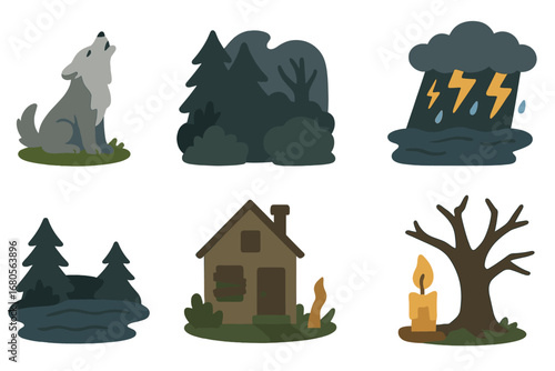 Fearful Nature Icons. Flat vector mini-illustrations fear in nature in colors children's illustrations: howling wolf, shadowy