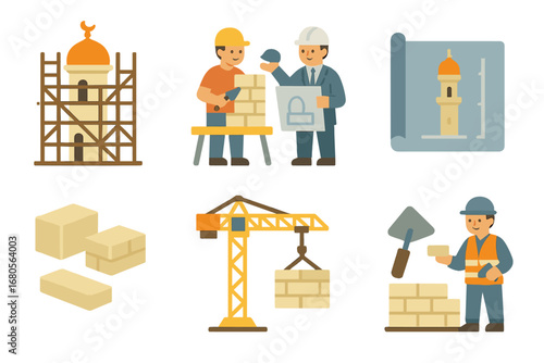 Minaret Construction Icons. Flat vector mini-illustrations minaret construction in colors children's illustrations: scaffoldings,