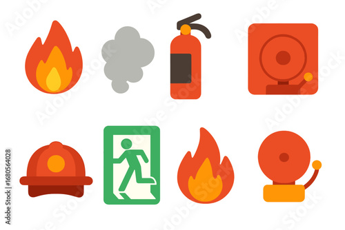 Fire Safety Icons. Flat vector mini-illustrations fire danger in colors children's illustrations: burning flame, smoke cloud, fire