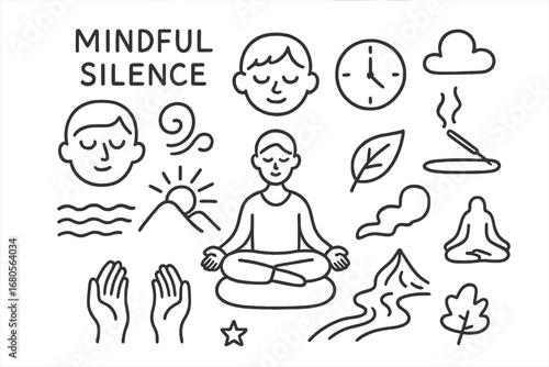 Mindful Serenity Icons. Hand-drawn doodle illustration mindful silence closed eyes, breathing symbol, meditation cushion, incense,