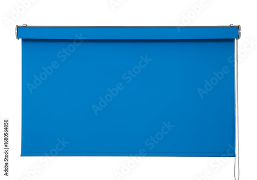 A vibrant, solid cobalt blue roller blind is displayed against a black background.
