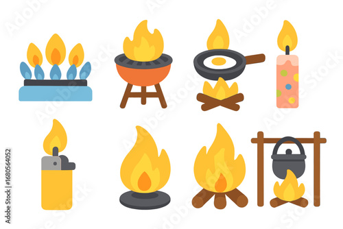 Flame Cooking Icons. Flat vector mini-illustrations flame and cooking in colors children's illustrations: gas stove flame, BBQ
