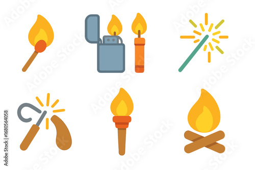 Flare Lighting Tools Icons. Flat vector mini-illustrations flare lighting tools in colors children's illustrations: matchstick