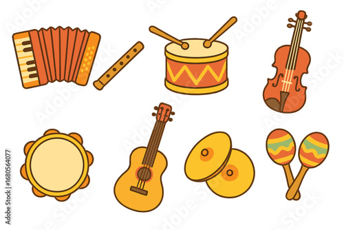 Folk Music Icons. Flat vector mini-illustrations folk music in colors children's illustrations: accordion, flute, drum, violin,