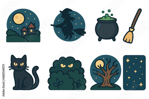 Folklore Night Icons. Flat vector mini-illustrations folklore full moon in colors children's illustrations: full moon above