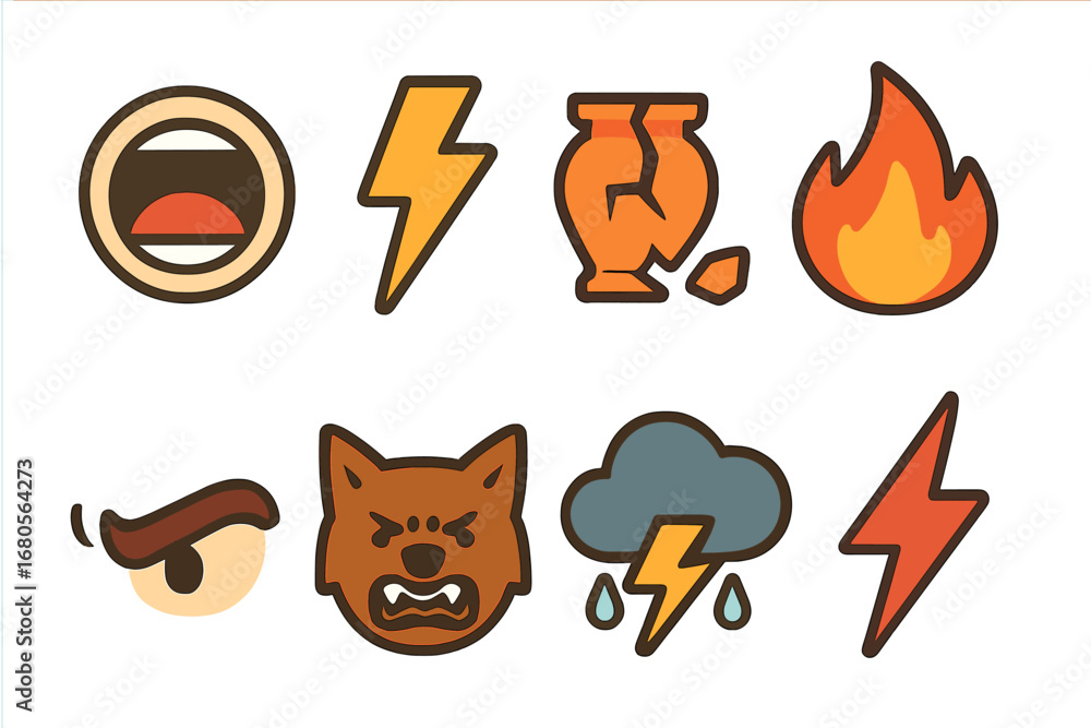 Fury Icon Grid. Flat vector mini-illustrations fury in colors children's illustrations: shouting mouth, thunderbolt, smashed vase,