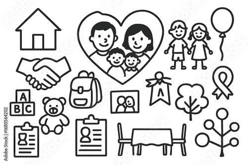 Foster Family Doodles. Hand-drawn doodle illustration foster family love family, children, heart, house, handshake, toys, school
