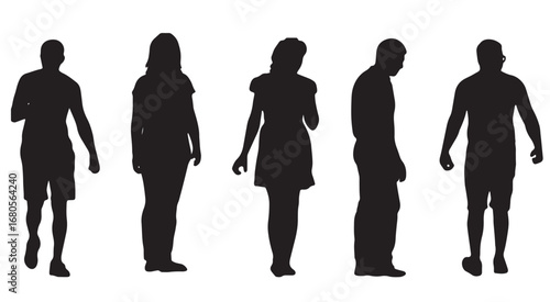 Vector Silhouettes of People, Standing and Walking Figures, Isolated on White Background