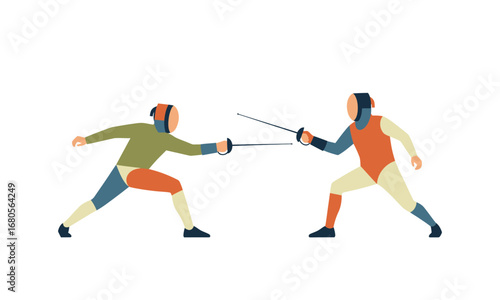 Two Fencers in Action - Duel with Swords, Protective Gear, and Dynamic Poses.