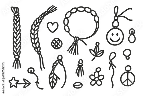 Friendship Bracelet Doodles. Hand-drawn doodle illustration friendship bracelet woven bracelet, beads, knot, heart charm, string,