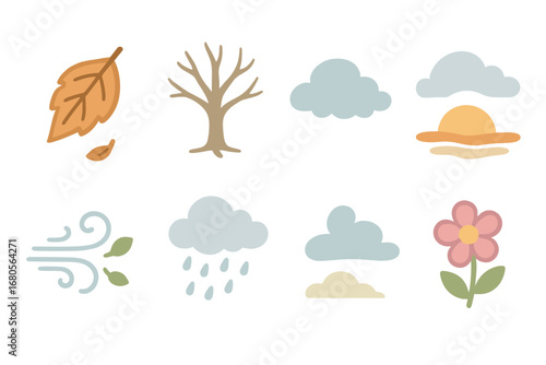 Nature's Gentle Rhythms. Flat vector mini-illustrations mourning in nature in colors children's illustrations: falling leaf,