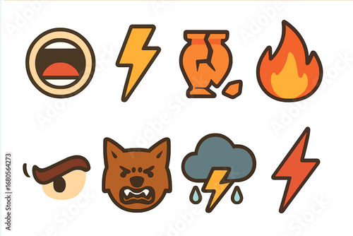 Fury Icon Grid. Flat vector mini-illustrations fury in colors children's illustrations: shouting mouth, thunderbolt, smashed vase,
