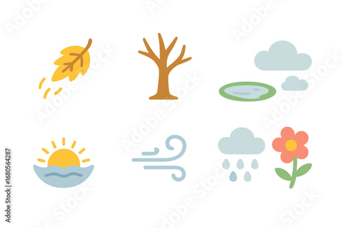 Nature's Gentle Rhythms. Flat vector mini-illustrations mourning in nature in colors children's illustrations: falling leaf,