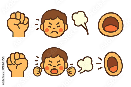 Frustrated Expressions Icons. Flat vector mini-illustrations frustrated screams in colors children's illustrations: clenched fists