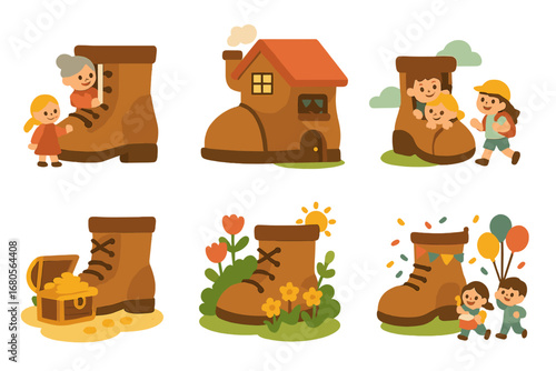 Giant Shoe Adventures. Flat vector mini-illustrations giant shoe stories in colors children's illustrations: giant shoe fairy tale