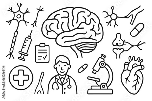 Neural Pathways Doodle. Hand-drawn doodle illustration cerebrum neural pathways cerebrum, brain, neuron, synapse, nerve, spinal