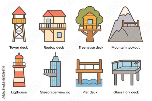 Observation Decks Icons. Flat vector mini-illustrations observation deck structures in colors children's illustrations: tower