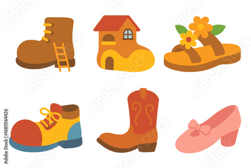 Giant Shoe Wonderland. Flat vector mini-illustrations fairy tale giant shoes in colors children's illustrations: giant boot with