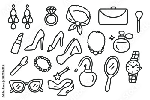 Glam Party Essentials. Hand-drawn doodle illustration glam party accessories chandelier earring, diamond ring, clutch bag,