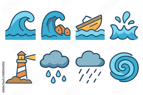 Ocean Chaos Icons. Flat vector mini-illustrations wave tremor in colors children's illustrations: ocean waves, tsunami, shaking