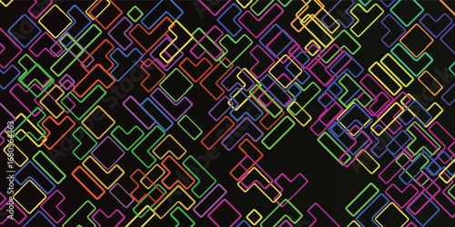 Abstract geometric pattern of colorful, interconnected shapes on a dark background.