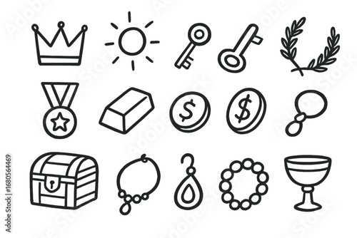 Gold Symbols Doodle. Hand-drawn doodle illustration gold symbols crown, sun, star, laurel wreath, medal, key, gold bar, coin, ring