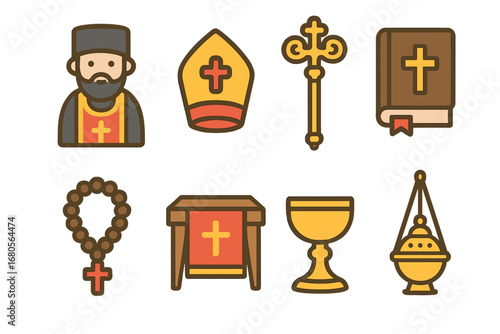 Orthodox Clergy Icons. Flat vector mini-illustrations Orthodox clergy in colors children's illustrations: priest robe, mitre,