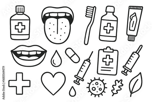 Oral Health Icons. Hand-drawn doodle illustration tongue health mouthwash bottle, tongue, toothbrush, toothpaste, mouth, saliva
