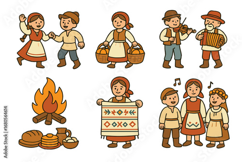 Peasant Celebration Icons. Flat vector mini-illustrations peasant celebrations in colors children's illustrations: folk dance,