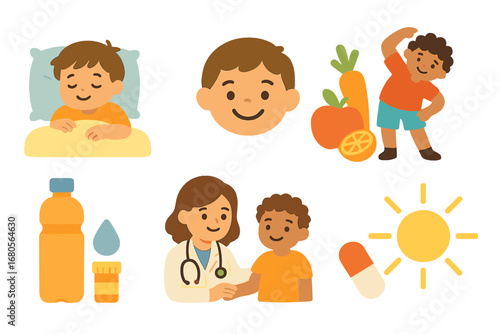 Health and Recovery Icons. Flat vector mini-illustrations illness and recovery in colors children's illustrations: resting child,