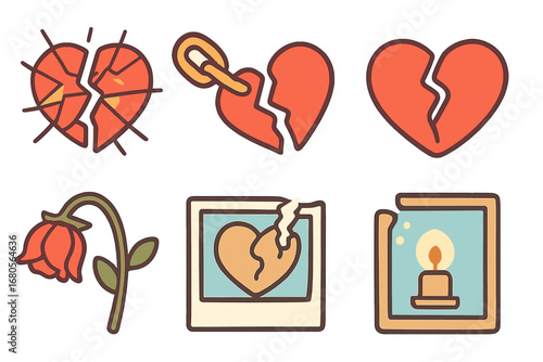 Heartbreak Icons Grid. Flat vector mini-illustrations broken heart symbols in colors children's illustrations: shattered glass,