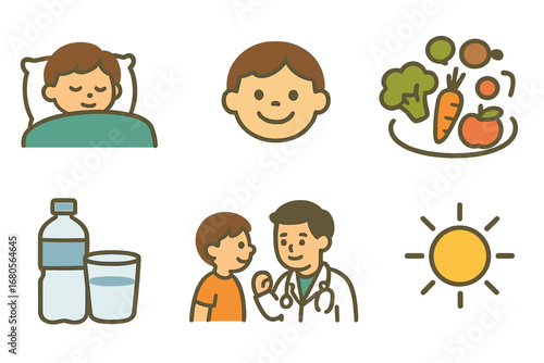 Health and Recovery Icons. Flat vector mini-illustrations illness and recovery in colors children's illustrations: resting child,