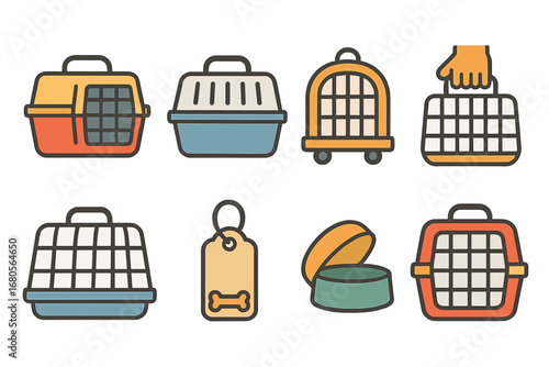 Pet Travel Icons. Flat vector mini-illustrations cage transport in colors children's illustrations: pet carrier, travel cage, cage