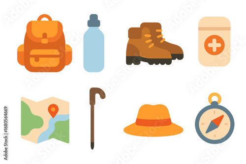 Hiking Essentials Icons. Flat vector mini-illustrations hiking essentials in colors children's illustrations: backpack, water