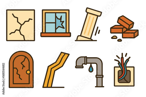 Playful Building Damage Icons. Flat vector mini-illustrations building damage details in colors children's illustrations: cracked