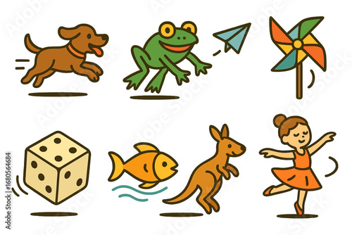Playful Cartoon Icons. Flat vector mini-illustrations cartoon motion in colors children's illustrations: running dog, jumping frog